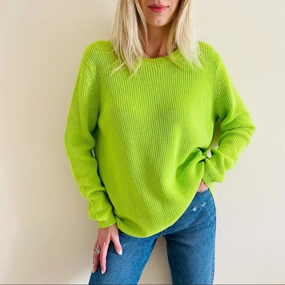 New 525 neon green ribbed knit cotton pullover sweater jumper - Picture 3 of 8